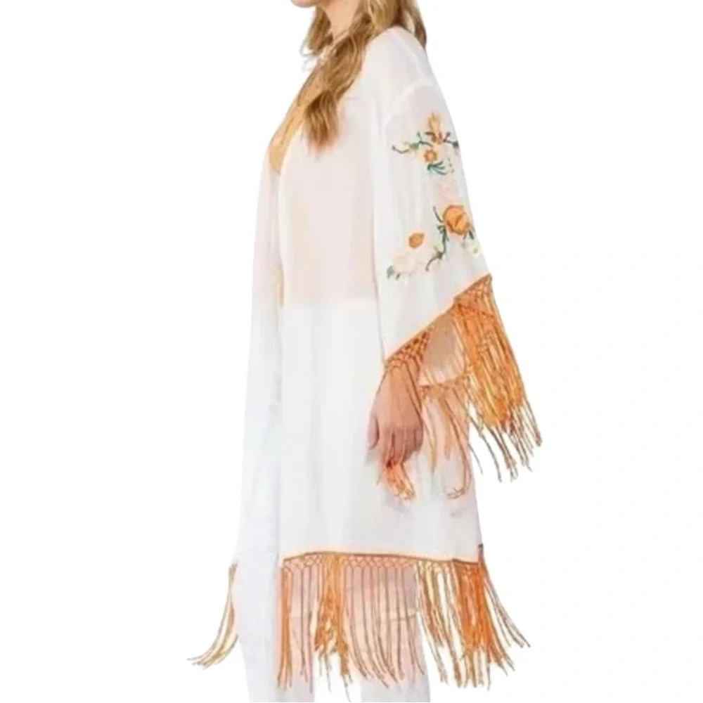Fringe Kimono Floral Boho Festival Embroidered White Orange Flowers Medium Cato - Picture 5 of 17